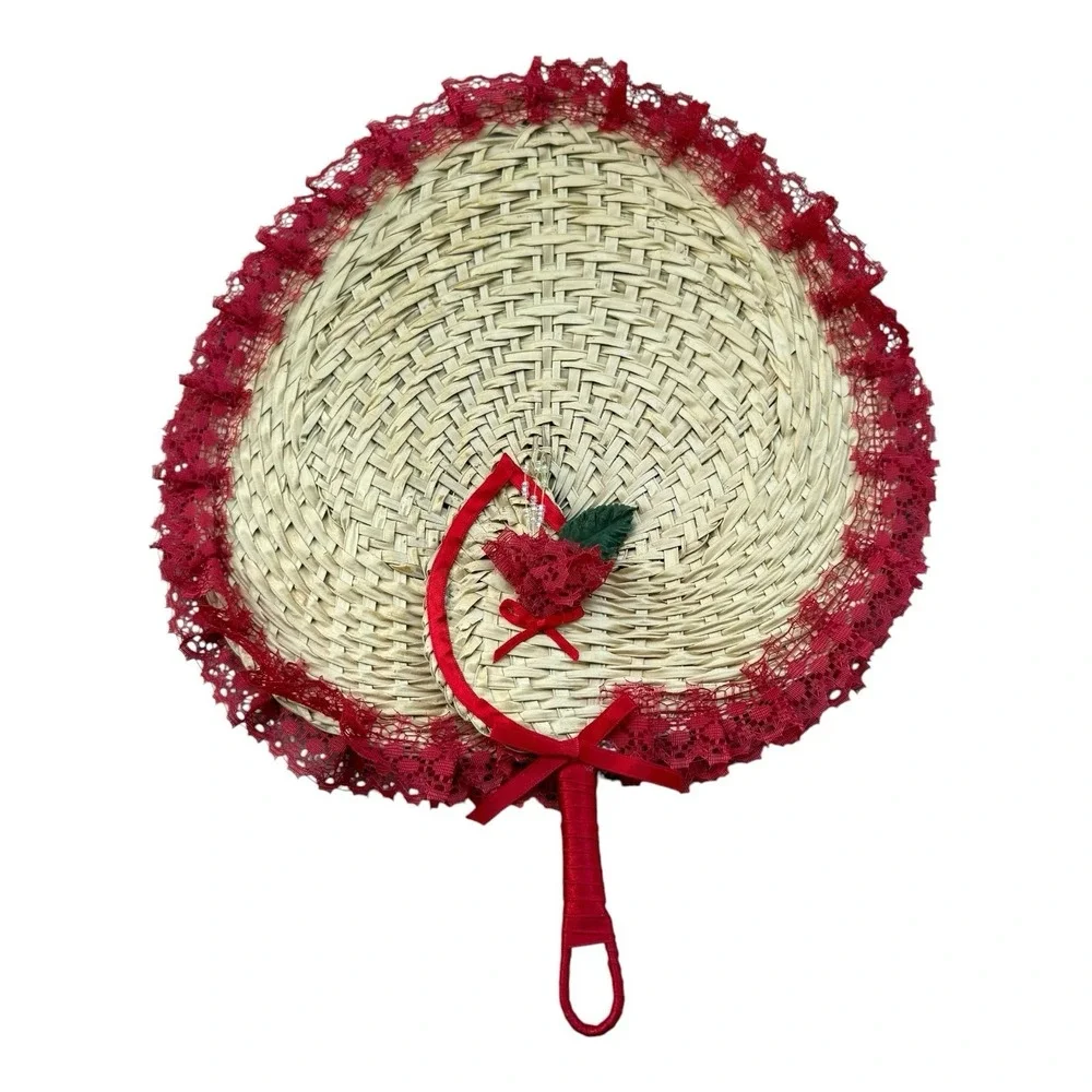 Decorative Woven Straw Hand Fan Red Lace Rose Ribbon Victorian Style